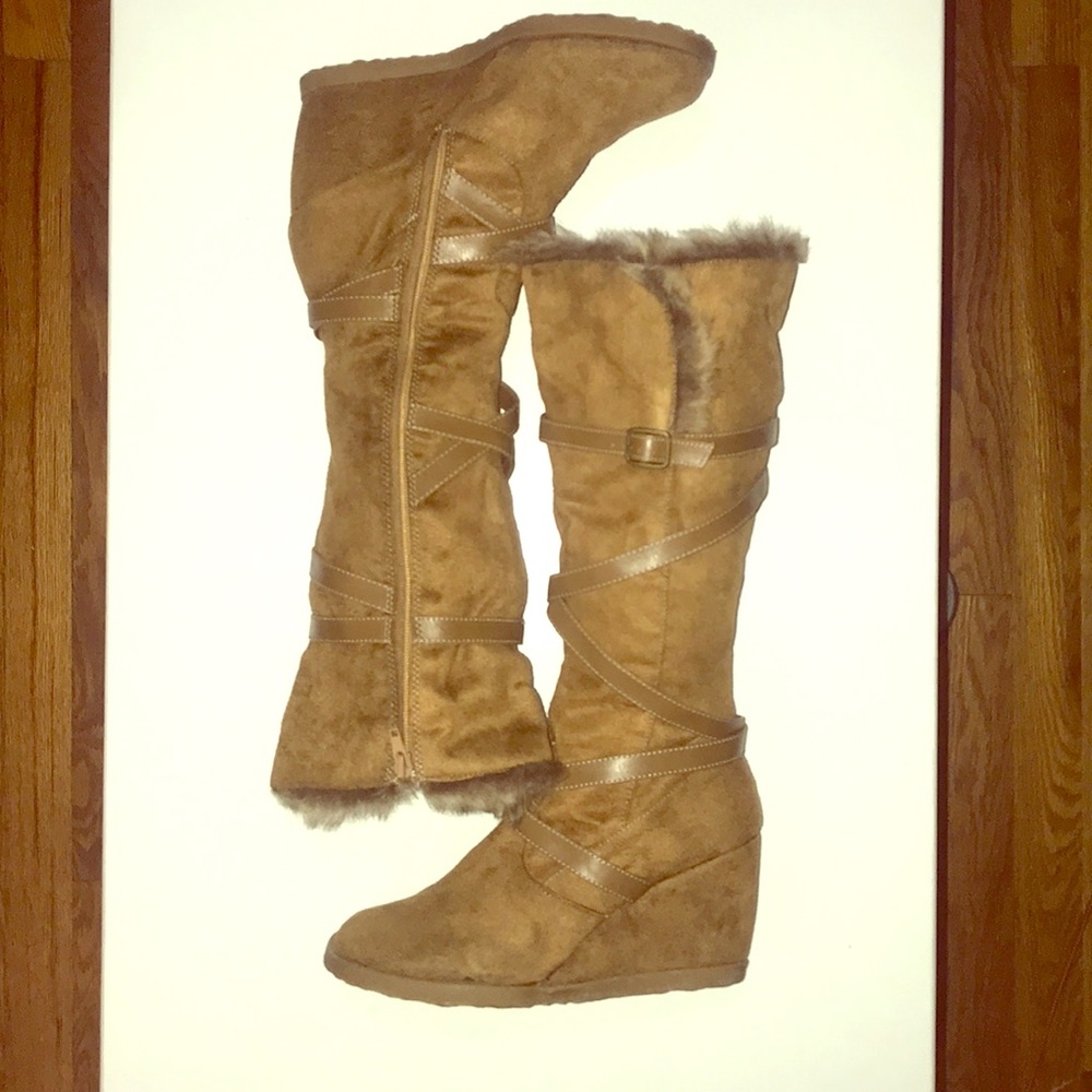 Tall Wedge Boots W/ Faux Fur Trim & Straps